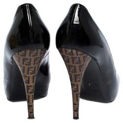 Pre Owned Fendi Black Patent Leather FF Heels Peep Toe Platform Pumps Size 40