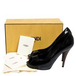 Pre Owned Fendi Black Patent Leather FF Heels Peep Toe Platform Pumps Size 40
