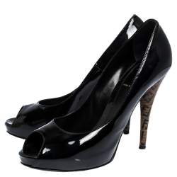 Pre Owned Fendi Black Patent Leather FF Heels Peep Toe Platform Pumps Size 40