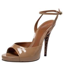 Fendi Beige Patent Leather Zucchino Heel Ankle Strap Sandals Size 40