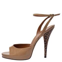 Fendi Beige Patent Leather Zucchino Heel Ankle Strap Sandals Size 40