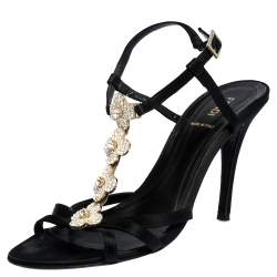 Pre Owned Fendi Black Satin Crystal Embellished Ankle Strap Sandals Size 39