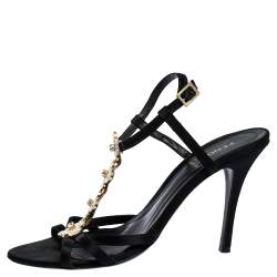 Pre Owned Fendi Black Satin Crystal Embellished Ankle Strap Sandals Size 39