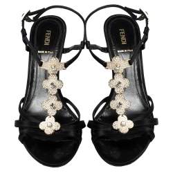 Pre Owned Fendi Black Satin Crystal Embellished Ankle Strap Sandals Size 39