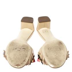 Fendi Beige Patent Leather Flowerland Embellished Block Heel Slides Size 36.5