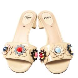 Fendi Beige Patent Leather Flowerland Embellished Block Heel Slides Size 36.5