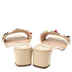 Fendi Beige Patent Leather Flowerland Embellished Block Heel Slides Size 36.5