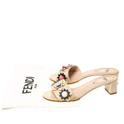 Fendi Beige Patent Leather Flowerland Embellished Block Heel Slides Size 36.5