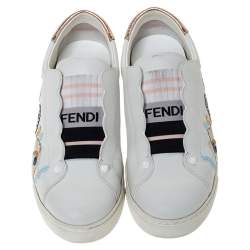 Pre Owned Fendi White Leather With Logo Knit Rockoko Scallop Detail Slip On Sneakers Size 39