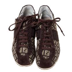 Pre Owned Fendi Brown FF Canvas And Suede Trim Low Top Sneakers Size 36