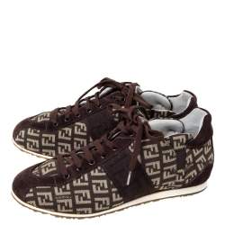Pre Owned Fendi Brown FF Canvas And Suede Trim Low Top Sneakers Size 36