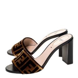 Pre Owned Fendi Brown Zucca Velvet Slip On Slides Size 36.5