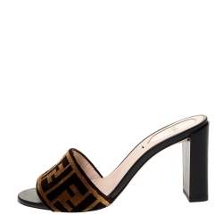 Pre Owned Fendi Brown Zucca Velvet Slip On Slides Size 36.5