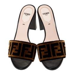 Pre Owned Fendi Brown Zucca Velvet Slip On Slides Size 36.5