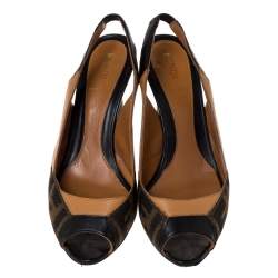 Pre Owned صندل فندي قماش زوكا بني / أسود وجلد مقدمة مفتوحة مقاس 36