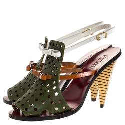 Pre Owned صندل فندى فتحة كعب فيونكة قصة هول جلد متعدد الألوان مقاس 37