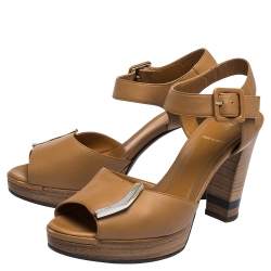 Pre Owned Fendi Brown Leather Peep Toe Platform Ankle Strap Sandals Size 37