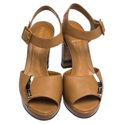 Pre Owned Fendi Brown Leather Peep Toe Platform Ankle Strap Sandals Size 37