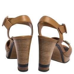 Pre Owned Fendi Brown Leather Peep Toe Platform Ankle Strap Sandals Size 37