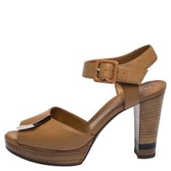 Pre Owned Fendi Brown Leather Peep Toe Platform Ankle Strap Sandals Size 37