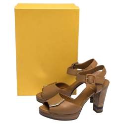 Pre Owned Fendi Brown Leather Peep Toe Platform Ankle Strap Sandals Size 37