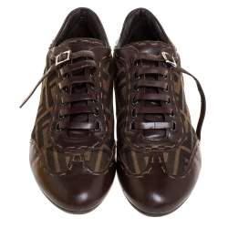 Pre Owned Fendi Brown Zucca Canvas And Leather Low Top Sneakers Size 39