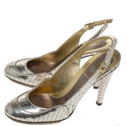 Pre Owned Fendi Gold Patch Patent Leather Slingback Pumps Size 37