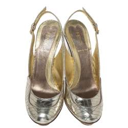 Pre Owned Fendi Gold Patch Patent Leather Slingback Pumps Size 37