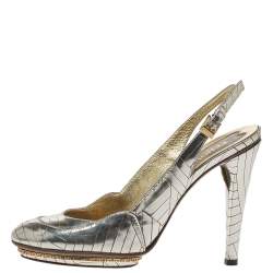 Pre Owned Fendi Gold Patch Patent Leather Slingback Pumps Size 37
