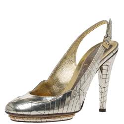 Pre Owned Fendi Gold Patch Patent Leather Slingback Pumps Size 37