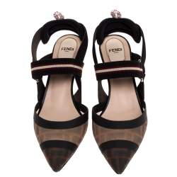 Pre Owned Fendi Black/Brown Zucca Mesh Colibri Slingback Pumps Size 38.5