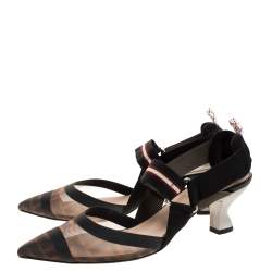 Pre Owned Fendi Black/Brown Zucca Mesh Colibri Slingback Pumps Size 38.5