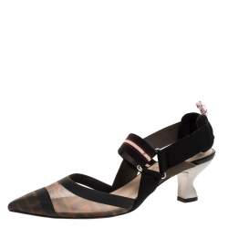 Pre Owned Fendi Black/Brown Zucca Mesh Colibri Slingback Pumps Size 38.5