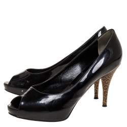Fendi Black Patent Leather Zucca Print Heel Peep Toe Platform Pumps Size 38.5