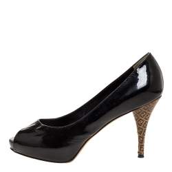 Fendi Black Patent Leather Zucca Print Heel Peep Toe Platform Pumps Size 38.5