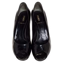 Fendi Black Patent Leather Zucca Print Heel Peep Toe Platform Pumps Size 38.5