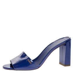 Pre Owned Fendi Blue Patent Leather Block Heel Slides Size 39