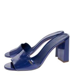 Pre Owned Fendi Blue Patent Leather Block Heel Slides Size 39