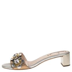 Pre Owned حذاء سلايد فندي "فلاورلاند" مزخرف و بكعب سميك جلد برونزي مقاس 38.5