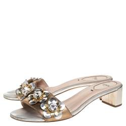 Pre Owned حذاء سلايد فندي "فلاورلاند" مزخرف و بكعب سميك جلد برونزي مقاس 38.5