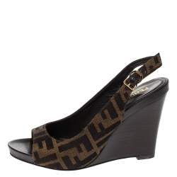 Pre Owned صندل فندي مقدمة مفتوحة و فتحة كعب و كعب روكي كانفاس أف أف بني مقاس 36