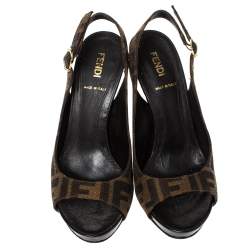 Pre Owned صندل فندي مقدمة مفتوحة و فتحة كعب و كعب روكي كانفاس أف أف بني مقاس 36