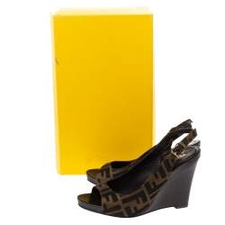 Pre Owned صندل فندي مقدمة مفتوحة و فتحة كعب و كعب روكي كانفاس أف أف بني مقاس 36