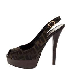 مملوكة مسبقًا Fendi Brown Zucca Canvas Platform Peep Toe Ankle Strap Sandals Size 39