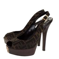 مملوكة مسبقًا Fendi Brown Zucca Canvas Platform Peep Toe Ankle Strap Sandals Size 39