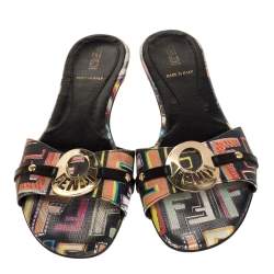 Pre Owned Fendi Multicolor Coated Canvas Flat Slide Sandals Size 36