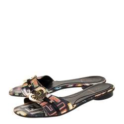 Pre Owned Fendi Multicolor Coated Canvas Flat Slide Sandals Size 36