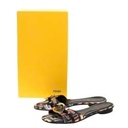 Pre Owned Fendi Multicolor Coated Canvas Flat Slide Sandals Size 36