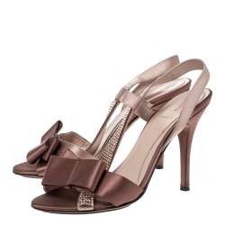 Pre Owned Fendi Brown Satin Crystal Embellished Bow Slingback Sandals Size 37