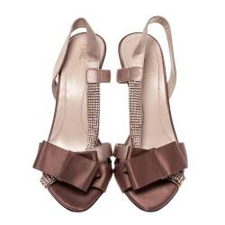 Pre Owned Fendi Brown Satin Crystal Embellished Bow Slingback Sandals Size 37